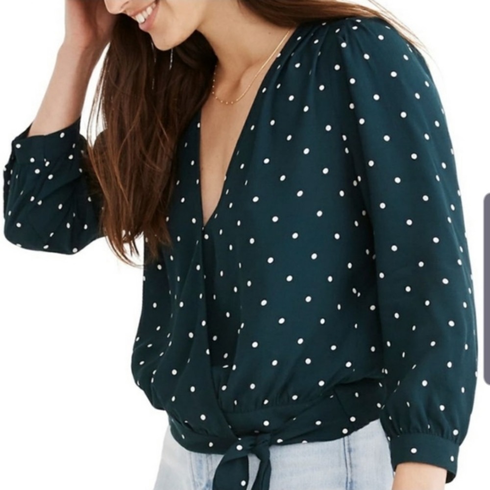 Madewell Polka Dot Wrap Top in Forest Green  Size XS